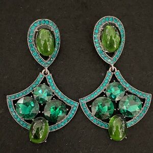Retro Art Deco Style Glass & Rhinestones Statement Dangle Earrings Green